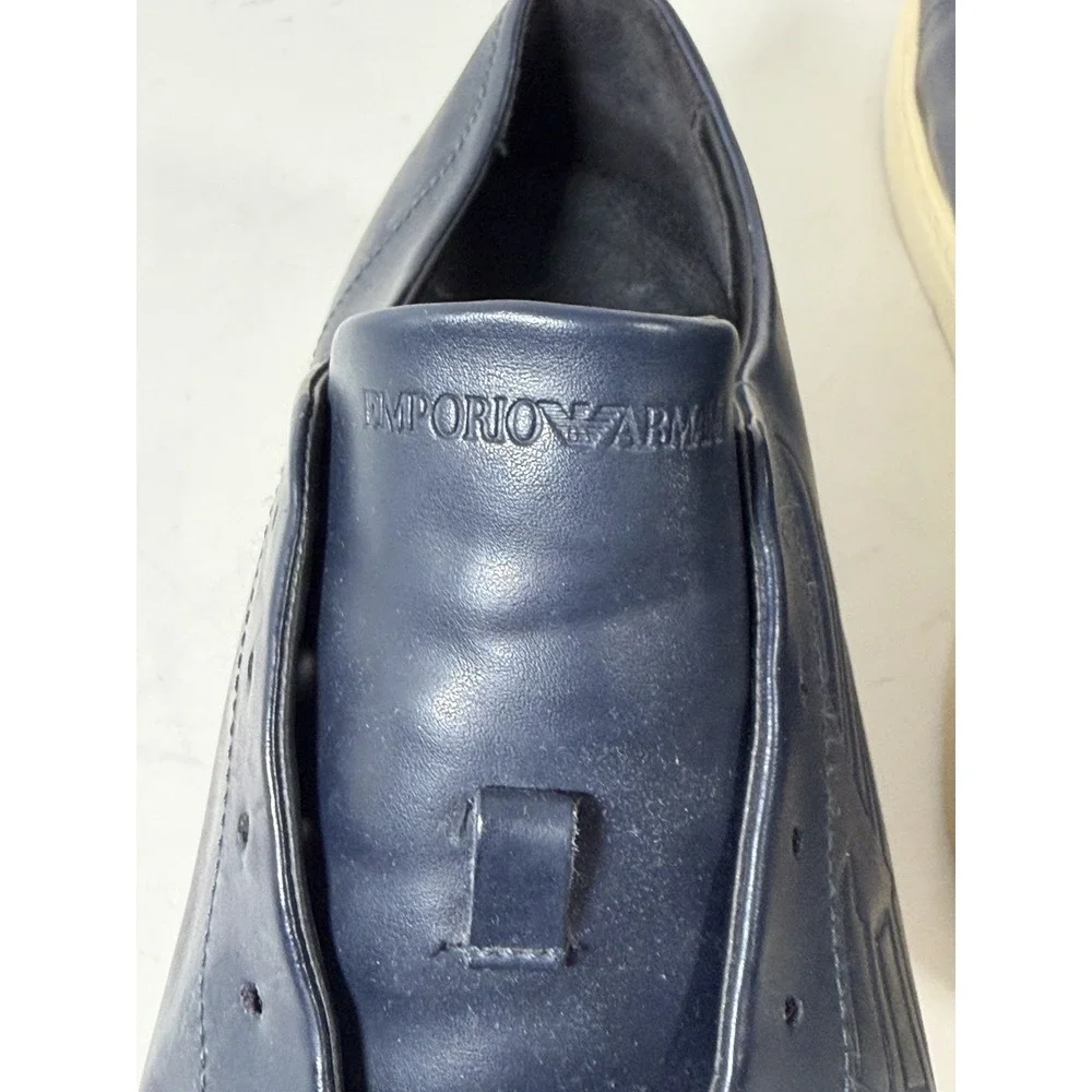 Emporio Armani low-top sneakers, night blue leather w/a debossed eagle logo, M12